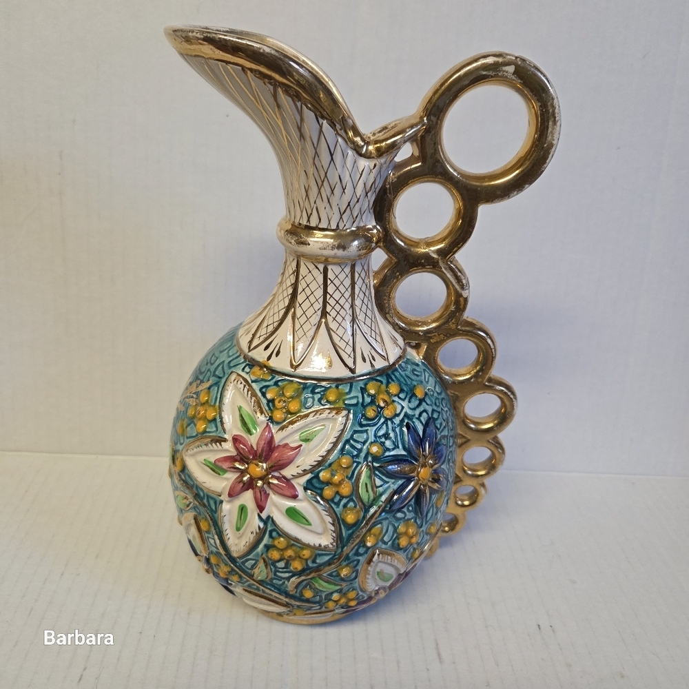 Vintage 70s Belgium H. Bequet Quaregnon Hand-painted Majolica Pitcher/Vase